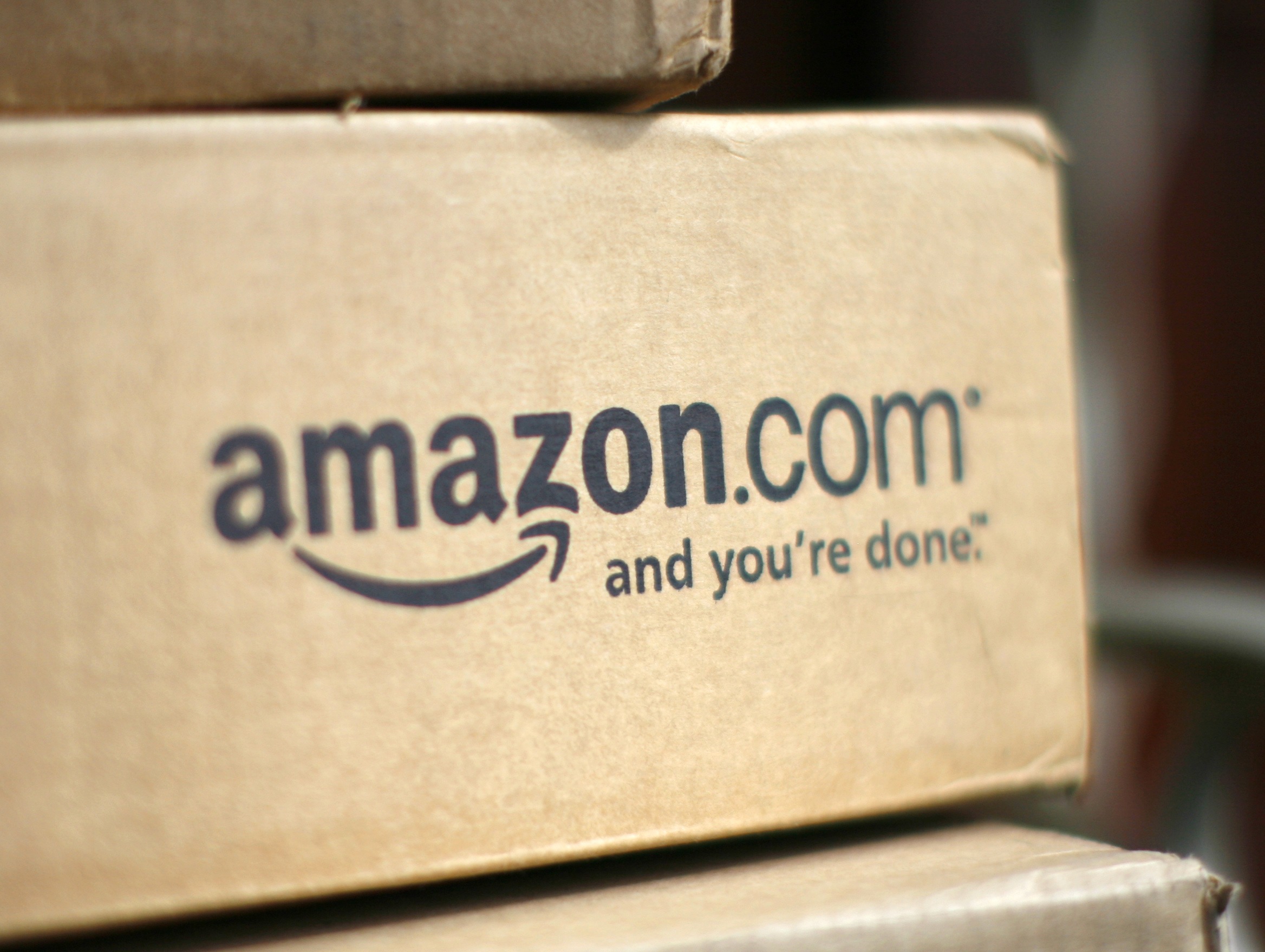 File of a box from Amazon.com is pictured on the porch of a house in Golden, Colorado